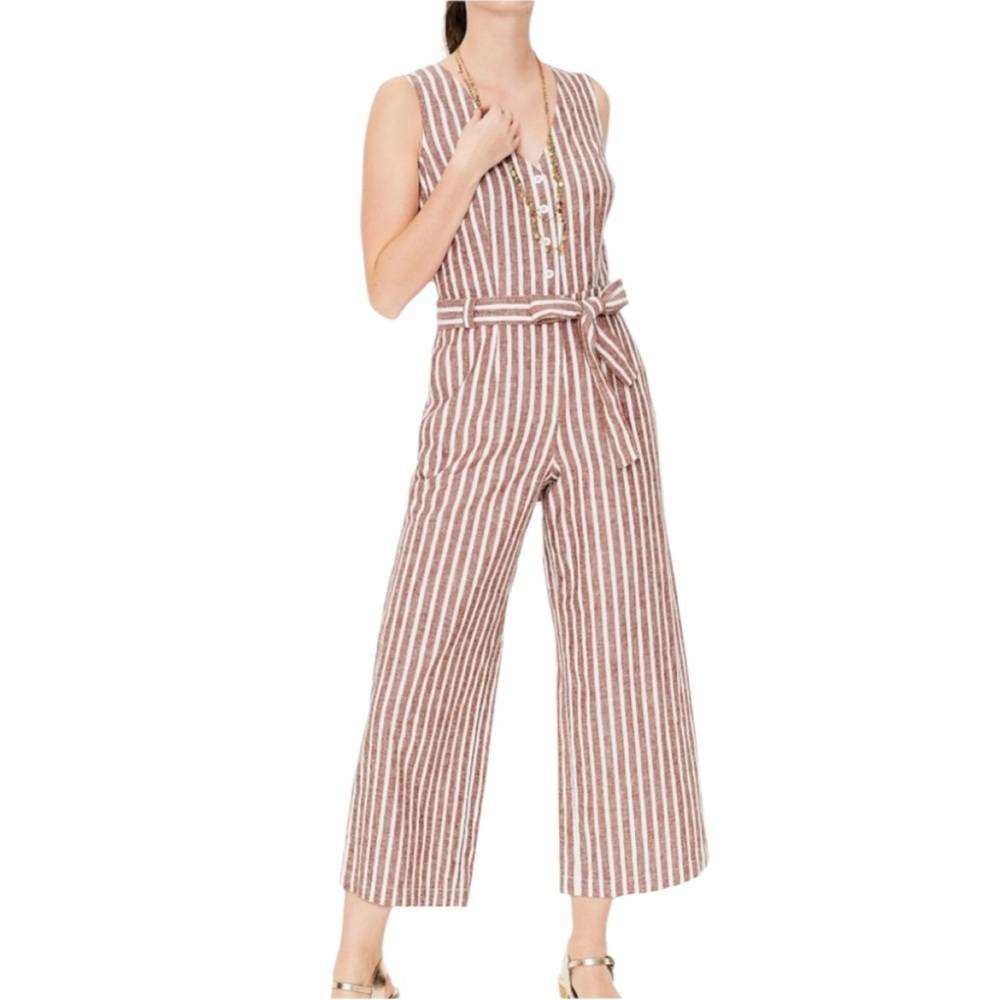 Boden Verity Red & White Striped Linen Blend Cropped Jumpsuit - 6